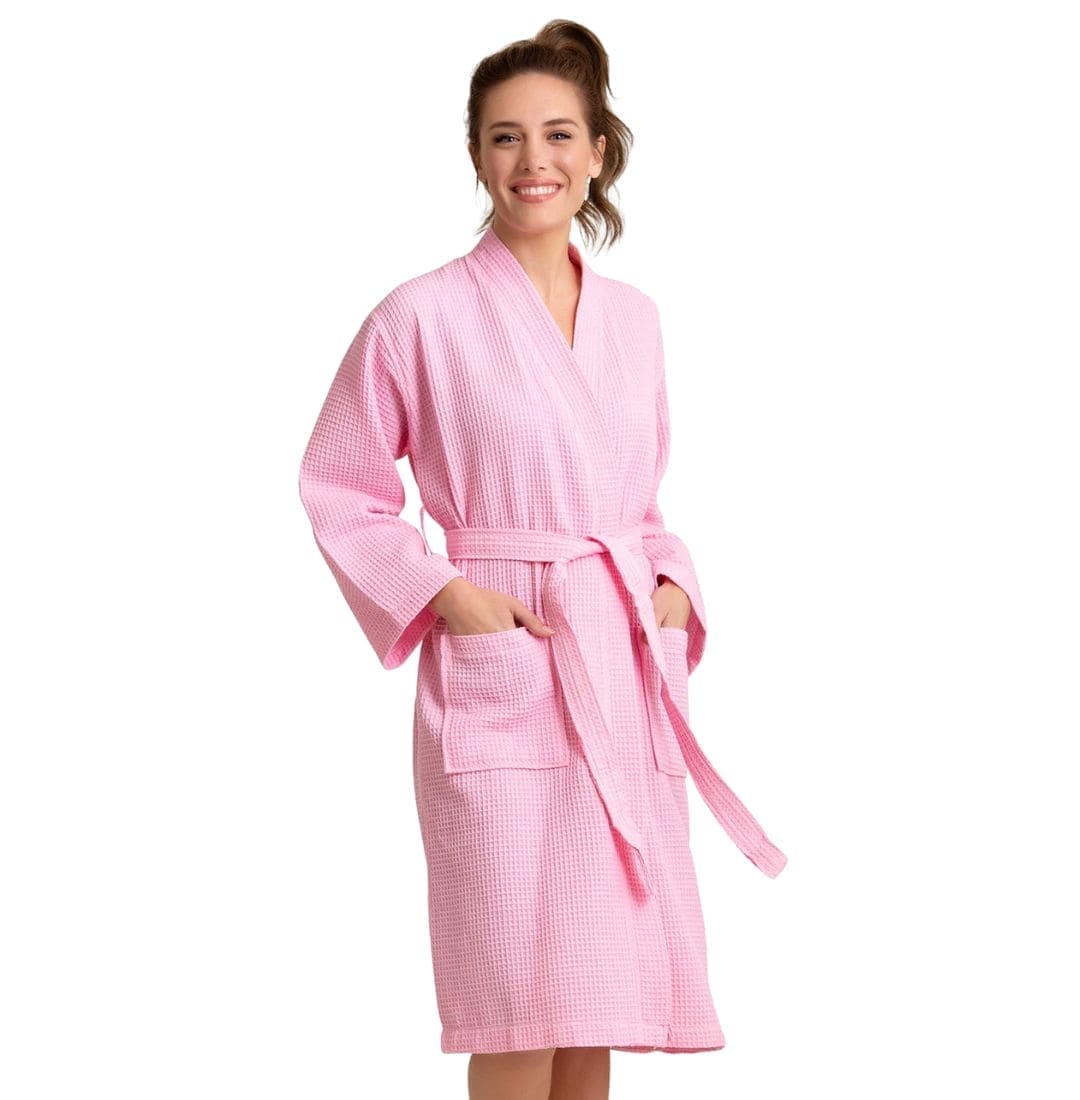 Premium Women's Long Waffle Bathrobe, Kimono Style, Luxury Cotton Robe Poly blend (Pink)