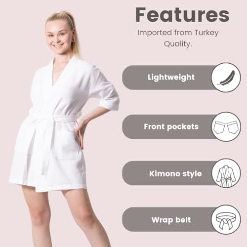 Women's Waffle Kimono Short Bathrobe- Luxurious Cotton, Absorbency, Lightweight (White)