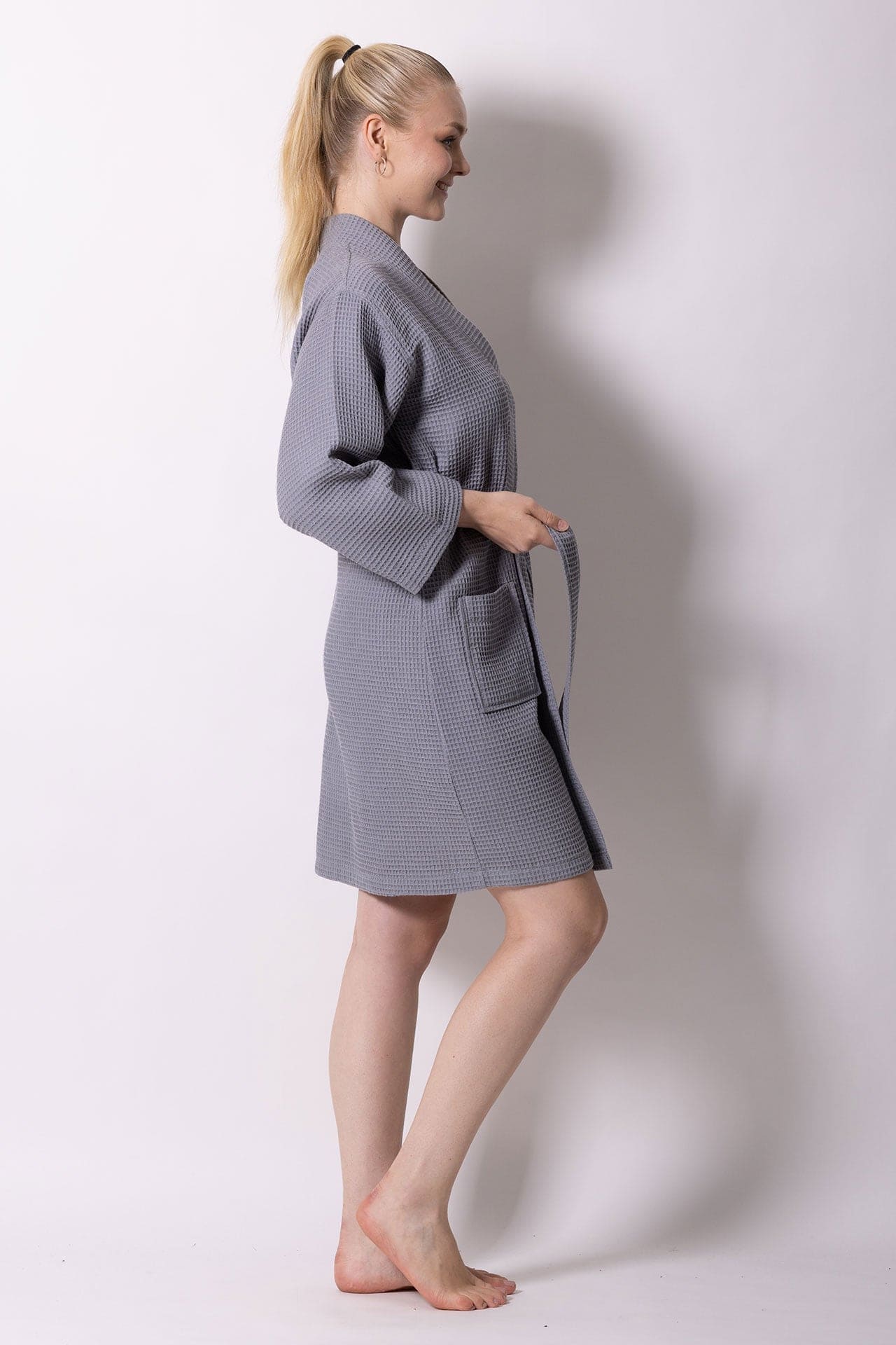 Women's Waffle Kimono Bathrobe, Knee Length, Stylish Cotton & Comfort Soft (Gray)