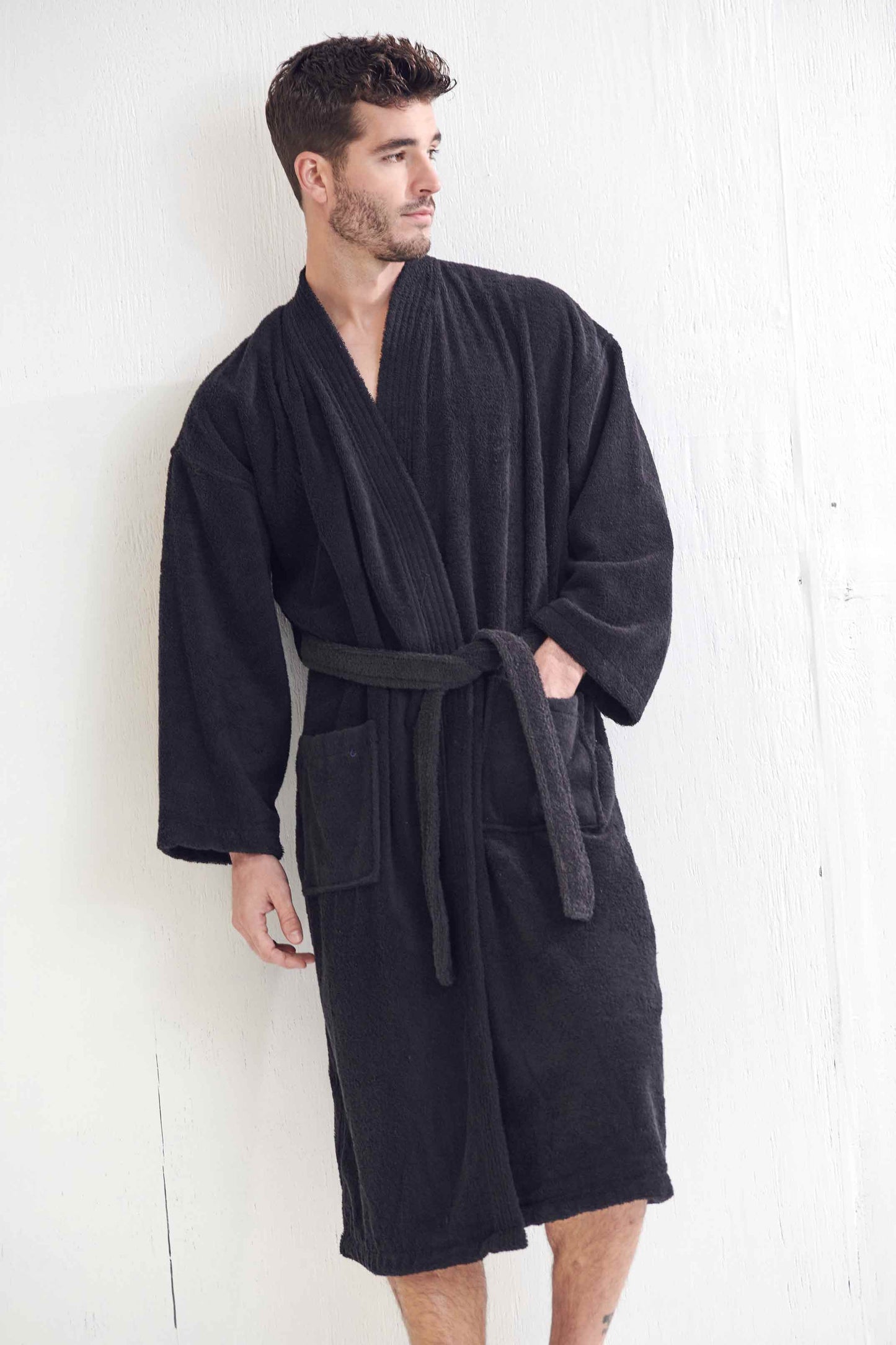 Men's Terry Cloth Bathrobe, Kimono Style, Luxury & Comfortable Terry Cotton Robe , (Black)
