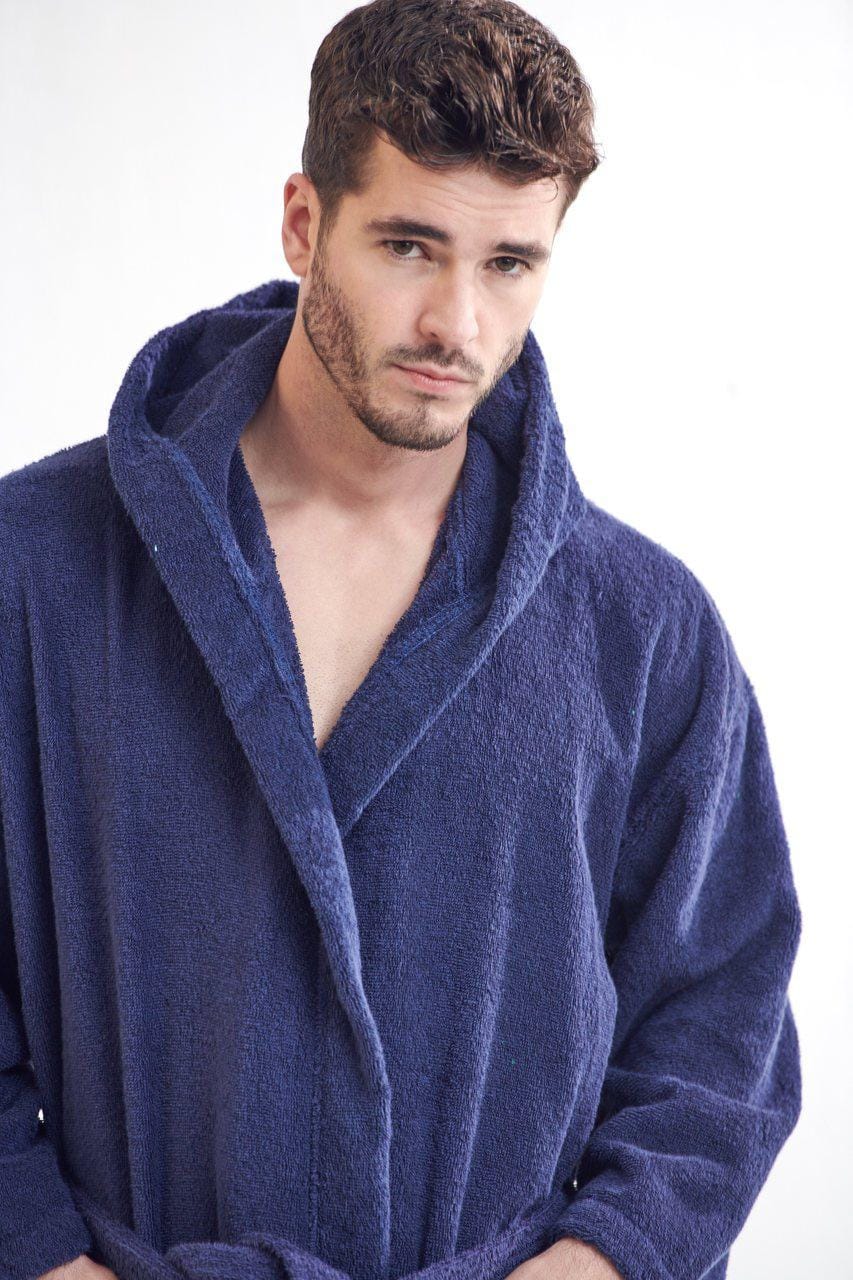Men's Terry Cloth Hooded Bathrobe, Luxury Soft Terry Cotton & Comfort, (Navy)