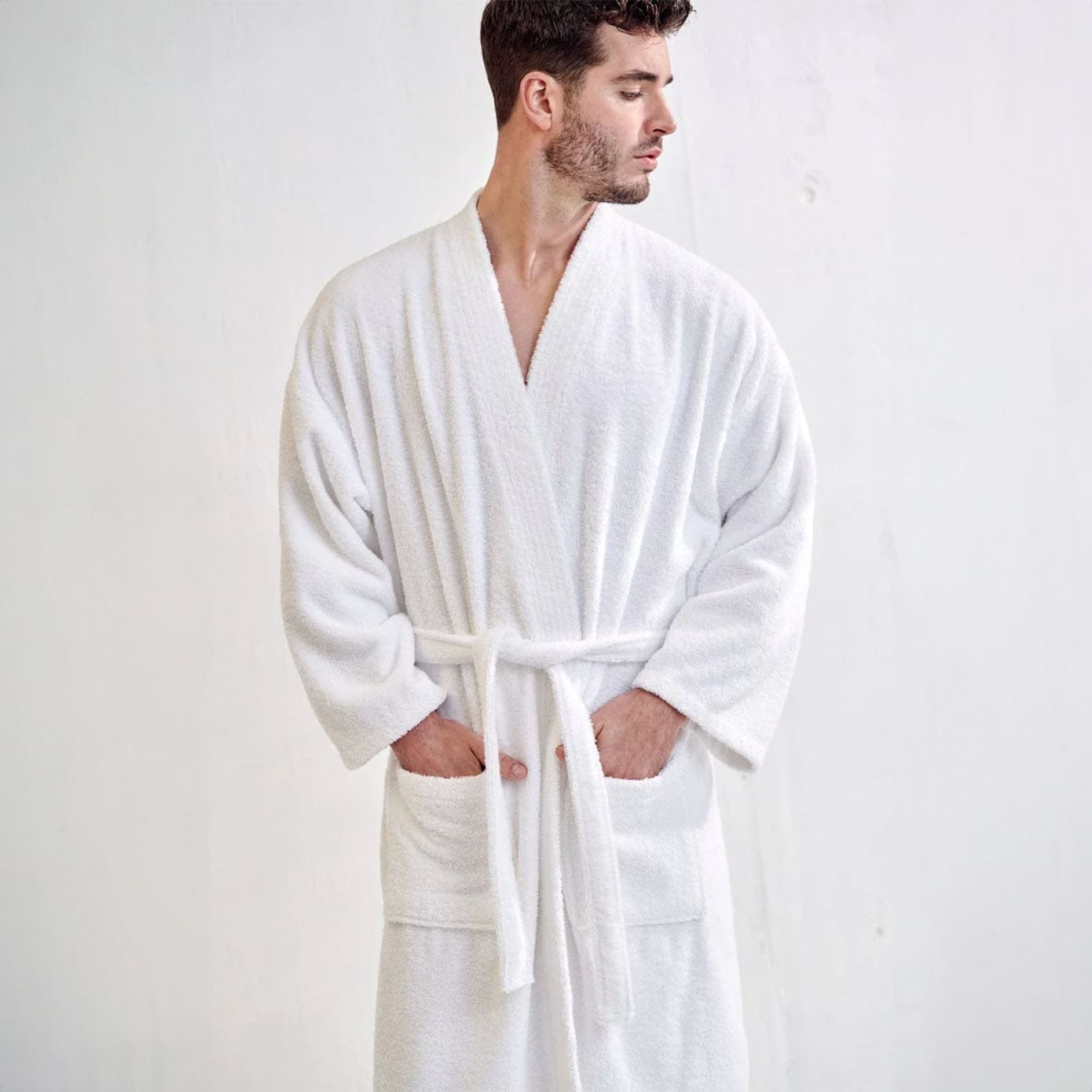 Men's Terry Cloth Bathrobe, Kimono Style, Luxury Terry Cotton & Comfortable, (White)