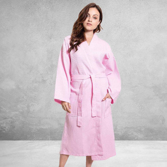 Premium Women's Long Waffle Bathrobe, Kimono Style, Luxury Cotton Robe Poly blend (Pink)