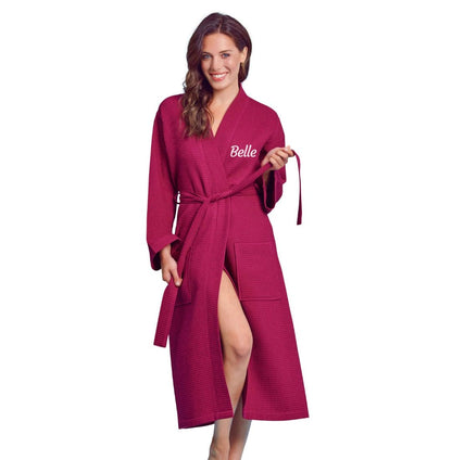 Women's Long Waffle cotton Bathrobe, Kimono Style, Luxury Robe Poly blend (Wine Red)