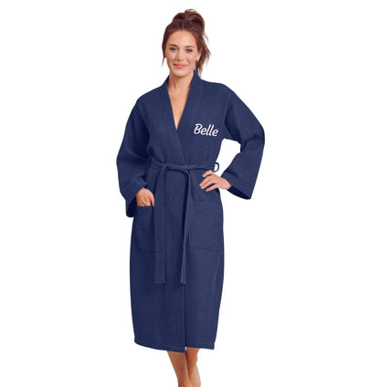 Premium Women's Long Waffle Cotton Bathrobe, Kimono Style, Luxury Robe Poly blend (Navy)