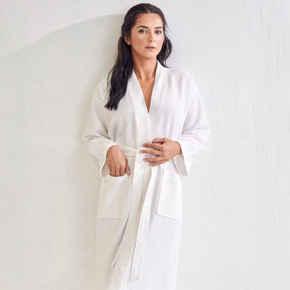 Women's Long Waffle Bathrobe, Kimono Style, Comfortable Luxurious Cotton Robe (White)