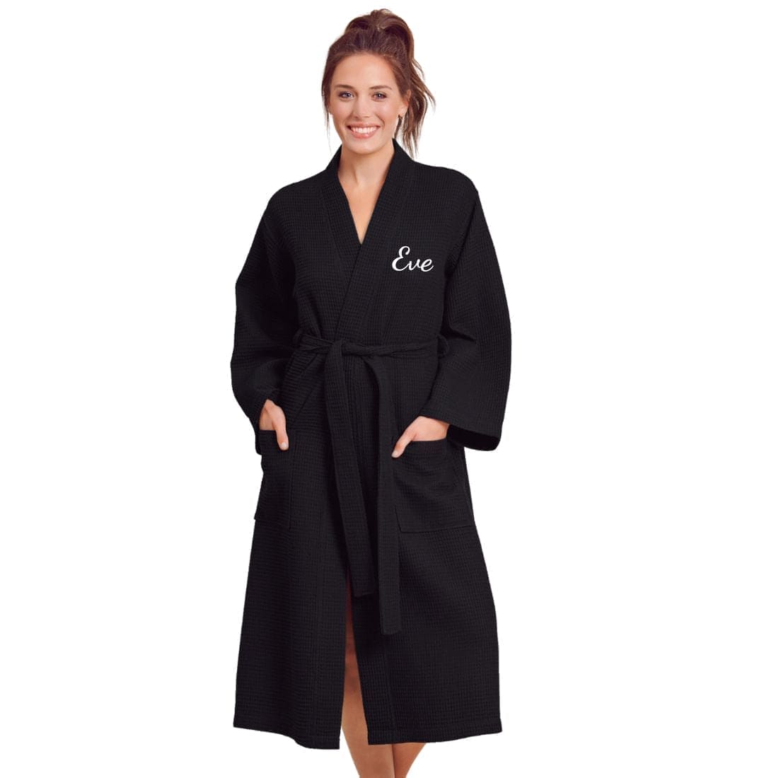 Premium Women's Long Waffle Cotton Bathrobe, Kimono Style, Comfort & Softness (Black)