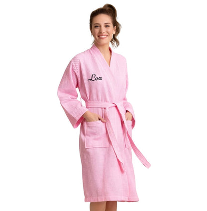 Premium Women's Long Waffle Bathrobe, Kimono Style, Luxury Cotton Robe Poly blend (Pink)