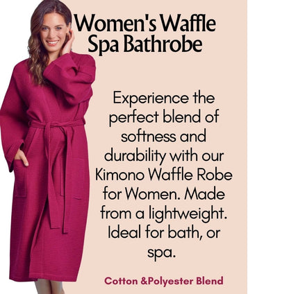 Women's Long Waffle cotton Bathrobe, Kimono Style, Luxury Robe Poly blend (Wine Red)