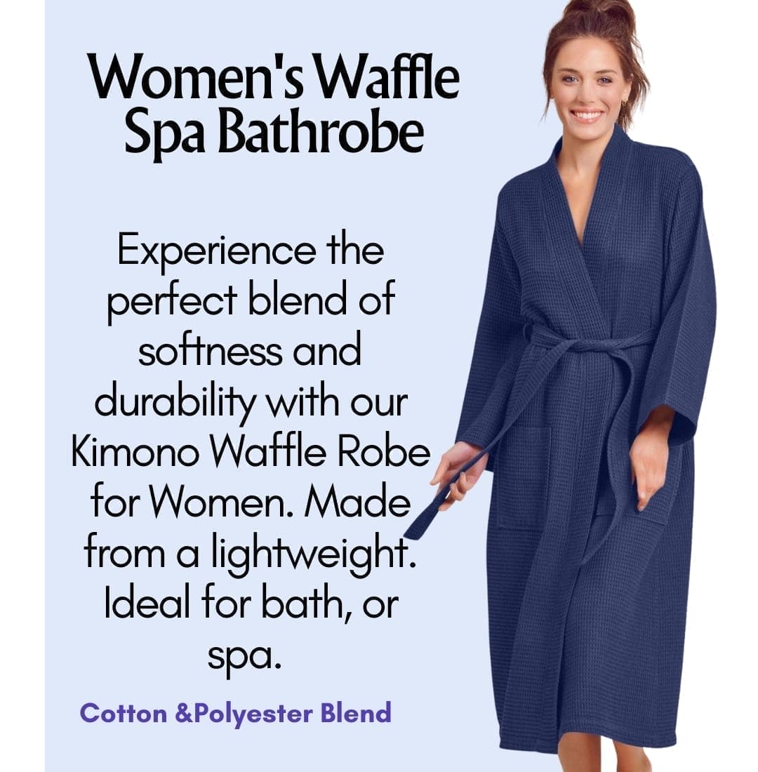 Premium Women's Long Waffle Cotton Bathrobe, Kimono Style, Luxury Robe Poly blend (Navy)