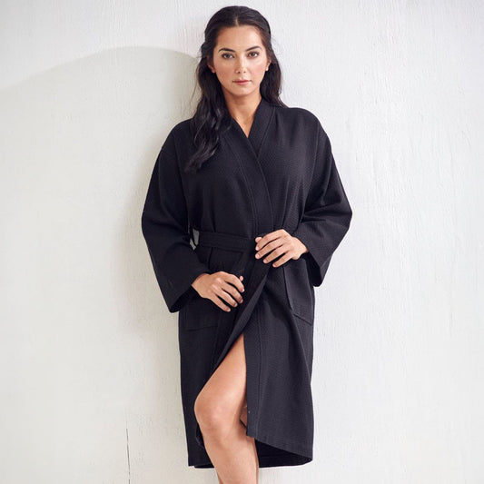 Women's Long Cotton Waffle Bathrobe, Kimono Style, Comfortable & Absorbent (Black)