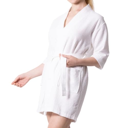 Women's Waffle Kimono Short Bathrobe- Luxurious Cotton, Absorbency, Lightweight (White)