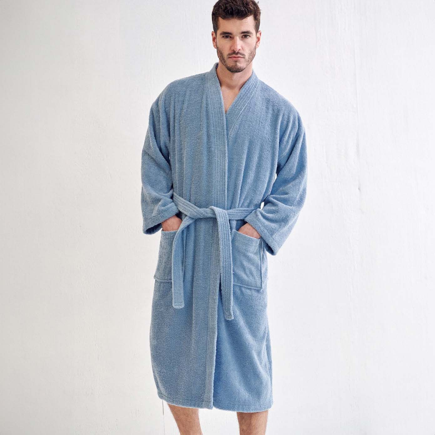 Men's Terry Cloth Bathrobe, Kimono Style, Luxury Terry Cotton & Comfortable, (Light Blue)