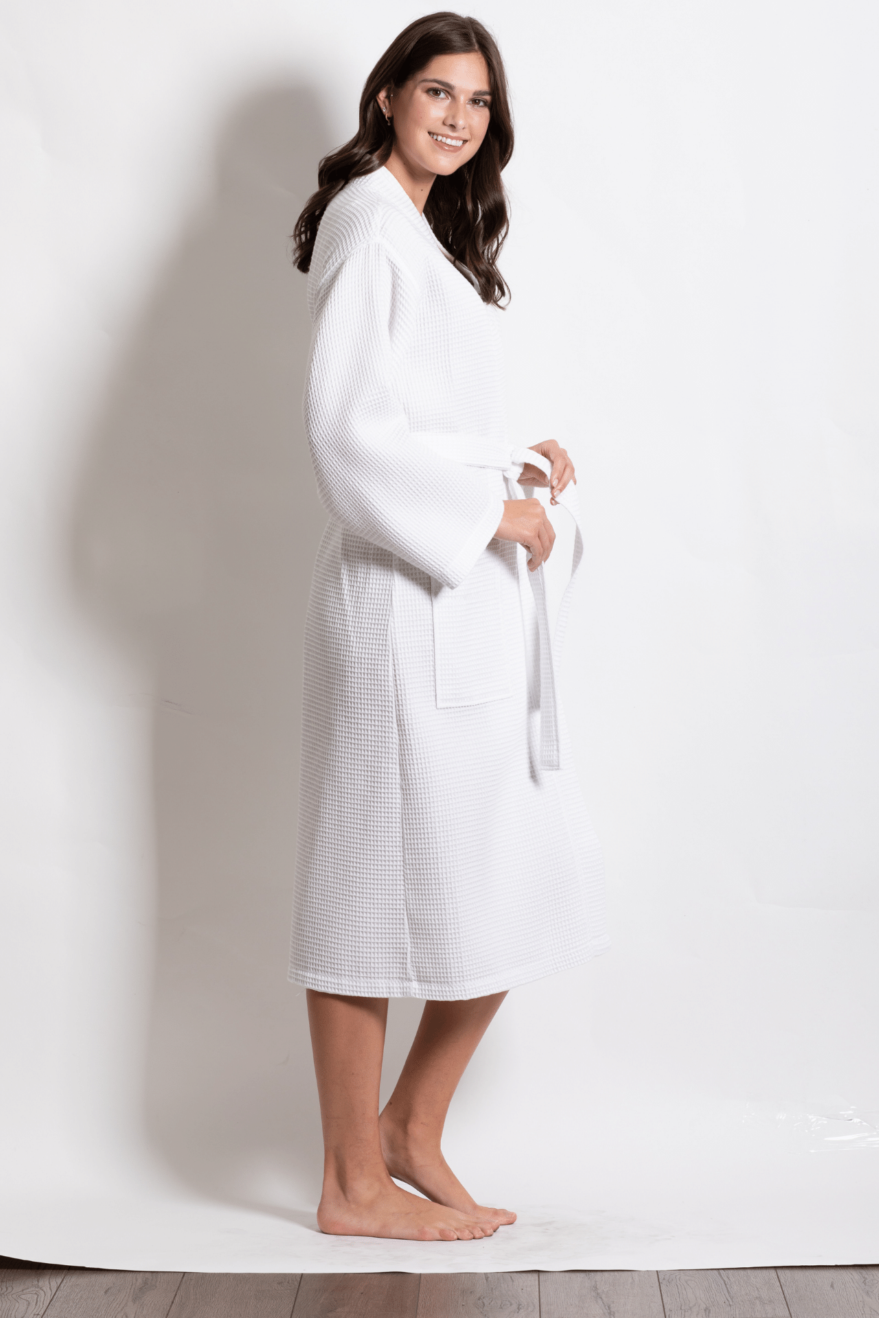 Premium Women's Long Waffle Cotton Bathrobe, Kimono Style, Luxury Robe Poly blend (White)