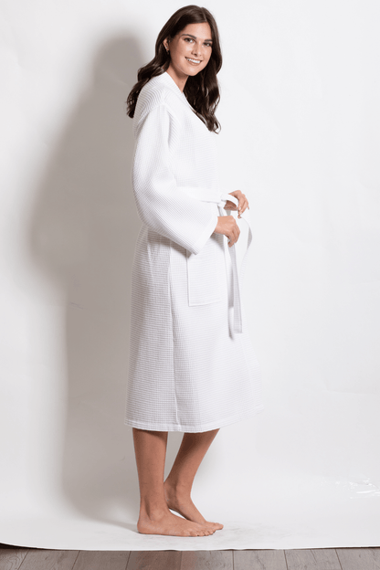 Premium Women's Long Waffle Cotton Bathrobe, Kimono Style, Luxury Robe Poly blend (White)