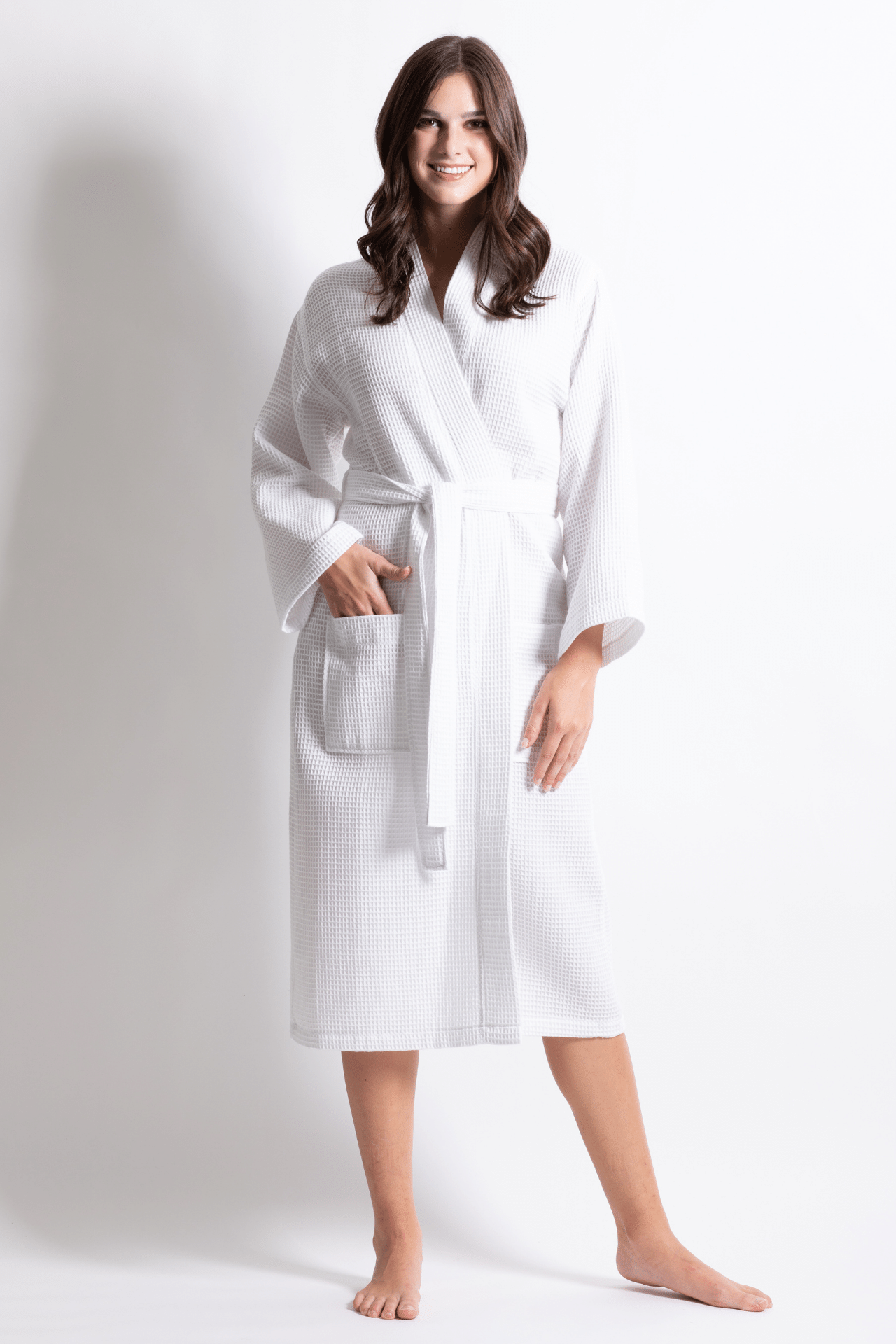 Premium Women's Long Waffle Cotton Bathrobe, Kimono Style, Luxury Robe Poly blend (White)