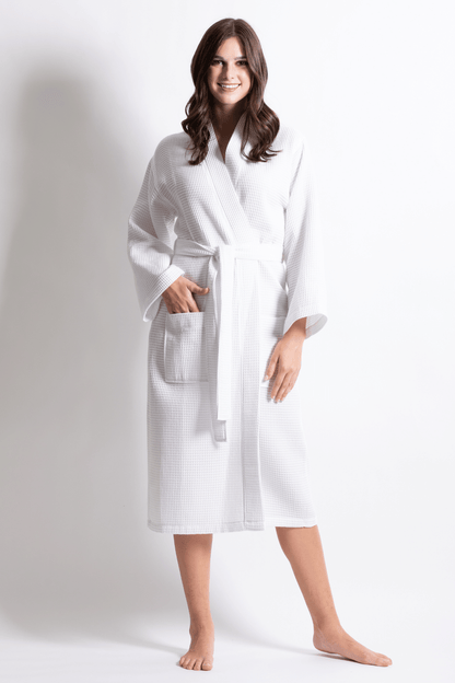 Premium Women's Long Waffle Cotton Bathrobe, Kimono Style, Luxury Robe Poly blend (White)