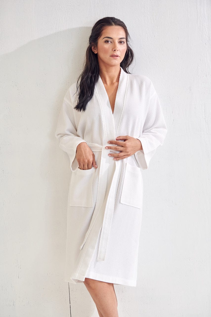 Women's Long Waffle Bathrobe, Kimono Style, Comfortable Luxurious Cotton Robe (White)
