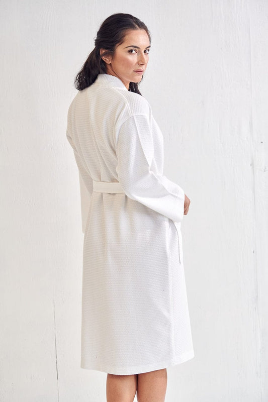 Women's Long Waffle Bathrobe, Kimono Style, Comfortable Luxurious Cotton Robe (White)