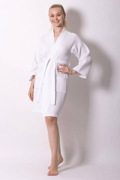 Women's Waffle Kimono Cotton Bathrobe, Stylish Knee Length Robe & Comfort, (White)