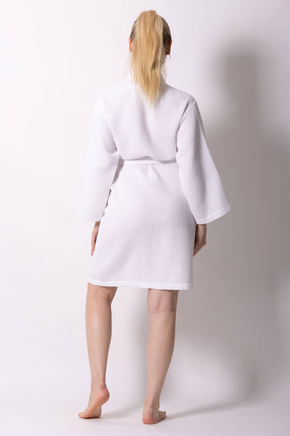 Women's Waffle Kimono Cotton Bathrobe, Stylish Knee Length Robe & Comfort, (White)