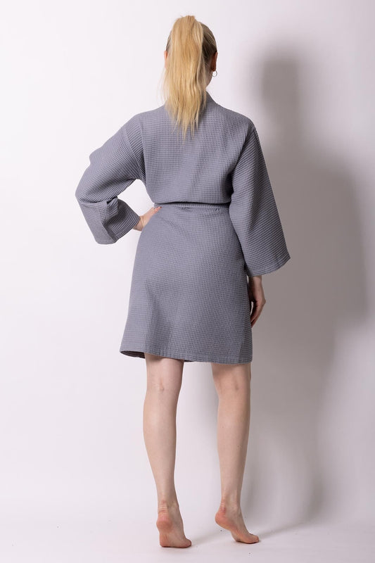 Women's Waffle Kimono Bathrobe, Knee Length, Stylish Cotton & Comfort Soft (Gray)