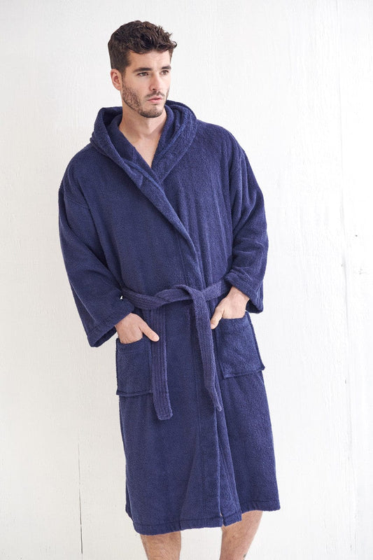 Men's Terry Cloth Hooded Bathrobe, Luxury Soft Terry Cotton & Comfort, (Navy)