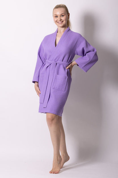 Women's Waffle Kimono Bathrobe, Stylish Knee Length Robe, Luxury Cotton & Comfort, (Lavender)
