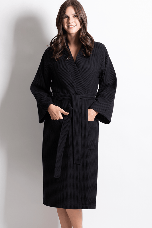 Premium Women's Long Waffle Cotton Bathrobe, Kimono Style, Comfort & Softness (Black)