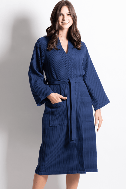Premium Women's Long Waffle Cotton Bathrobe, Kimono Style, Luxury Robe Poly blend (Navy)