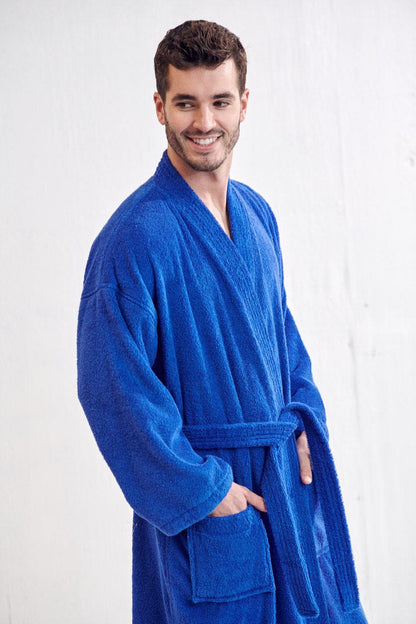 Men's Terry Cloth Bathrobe, Kimono Style cotton Robe, Luxury & Comfortable, (Royal Blue)