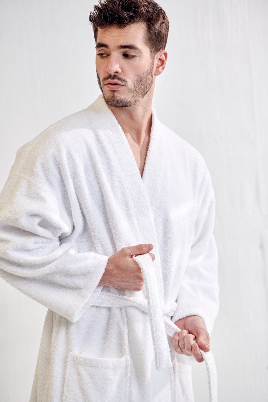 Men's Terry Cloth Bathrobe, Kimono Style, Luxury Terry Cotton & Comfortable, (White)