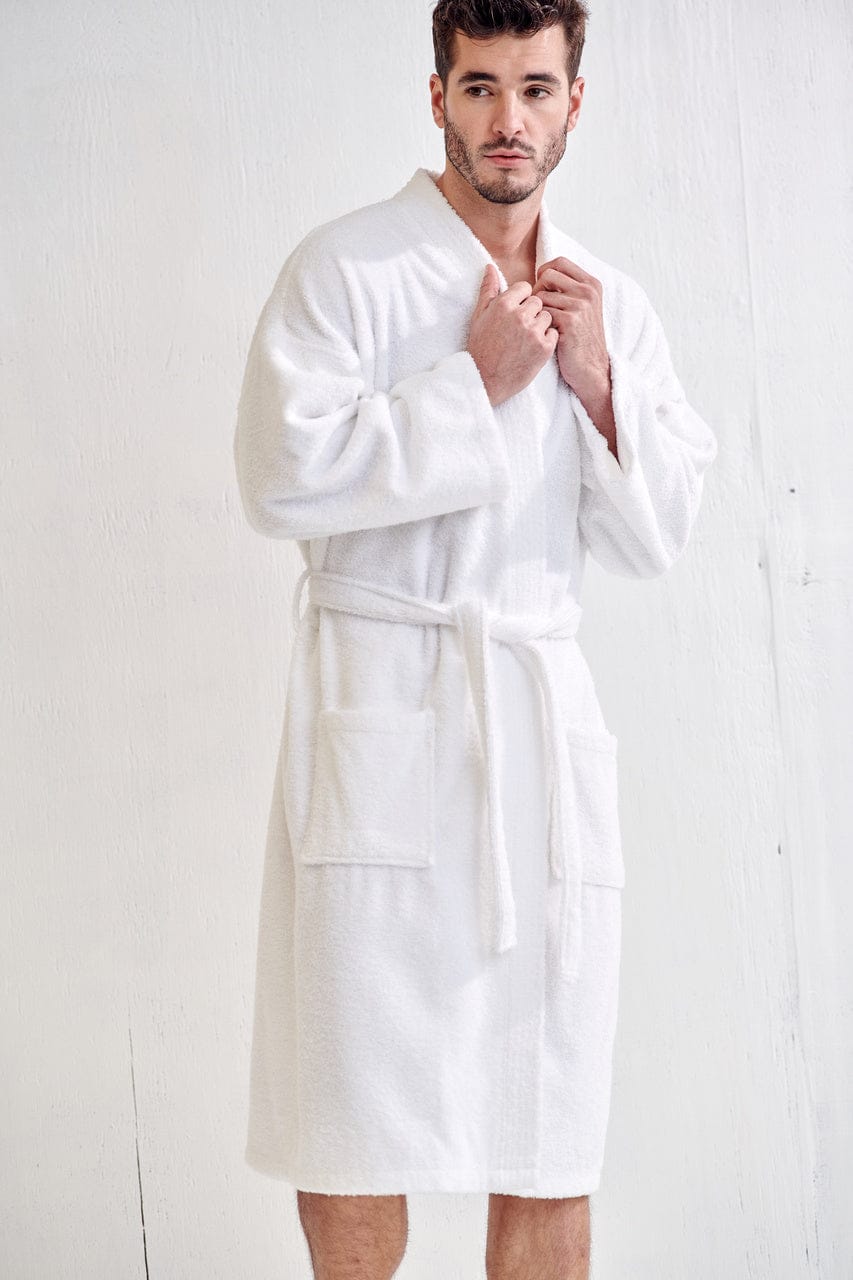 Men's Terry Cloth Bathrobe, Kimono Style, Luxury Terry Cotton & Comfortable, (White)