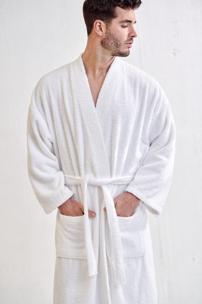 Men's Terry Cloth Bathrobe, Kimono Style, Luxury Terry Cotton & Comfortable, (White)