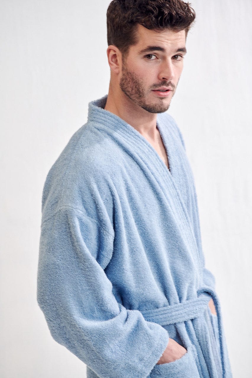 Men's Terry Cloth Bathrobe, Kimono Style, Luxury Terry Cotton & Comfortable, (Light Blue)