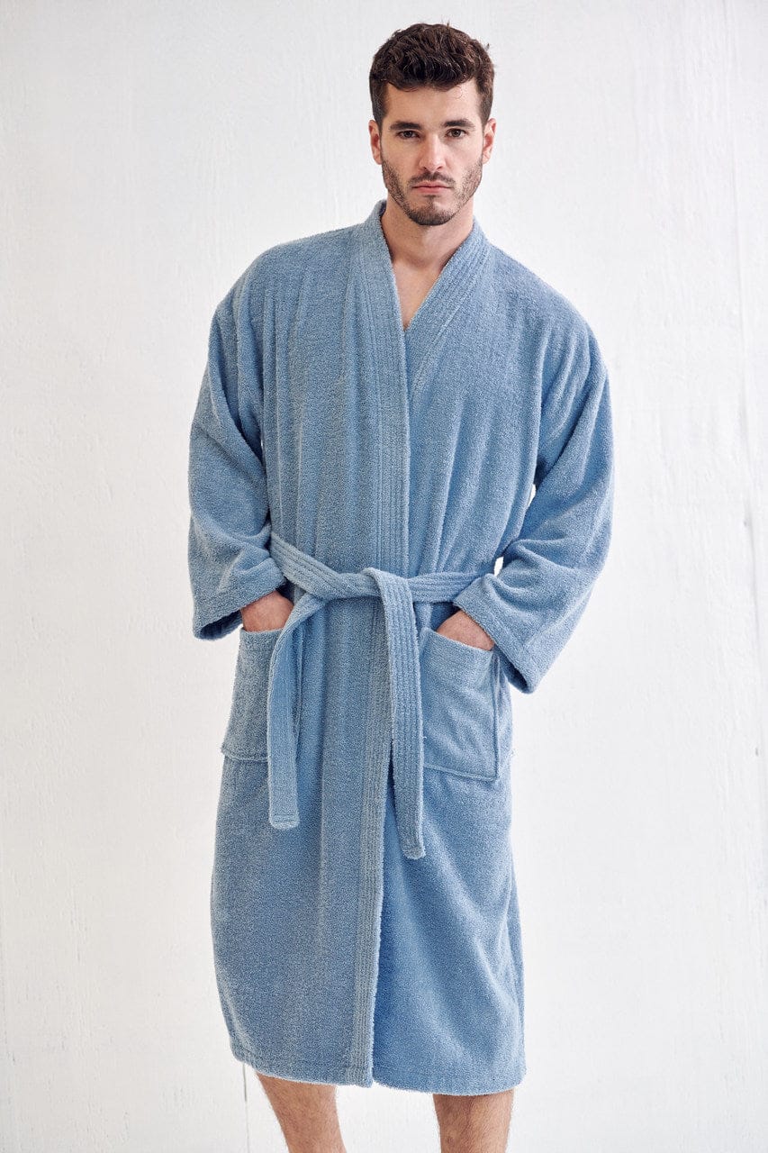 Men's Terry Cloth Bathrobe, Kimono Style, Luxury Terry Cotton & Comfortable, (Light Blue)