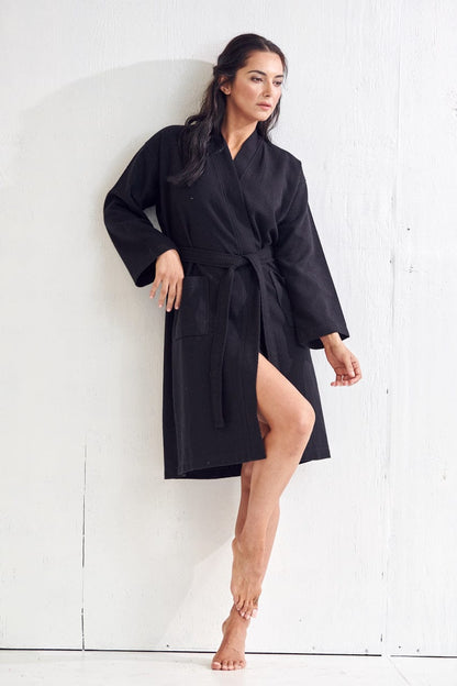 Women's Long Cotton Waffle Bathrobe, Kimono Style, Comfortable & Absorbent (Black)