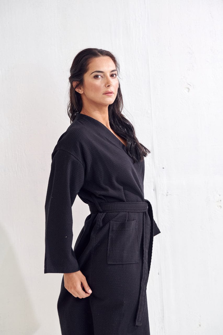Women's Long Cotton Waffle Bathrobe, Kimono Style, Comfortable & Absorbent (Black)