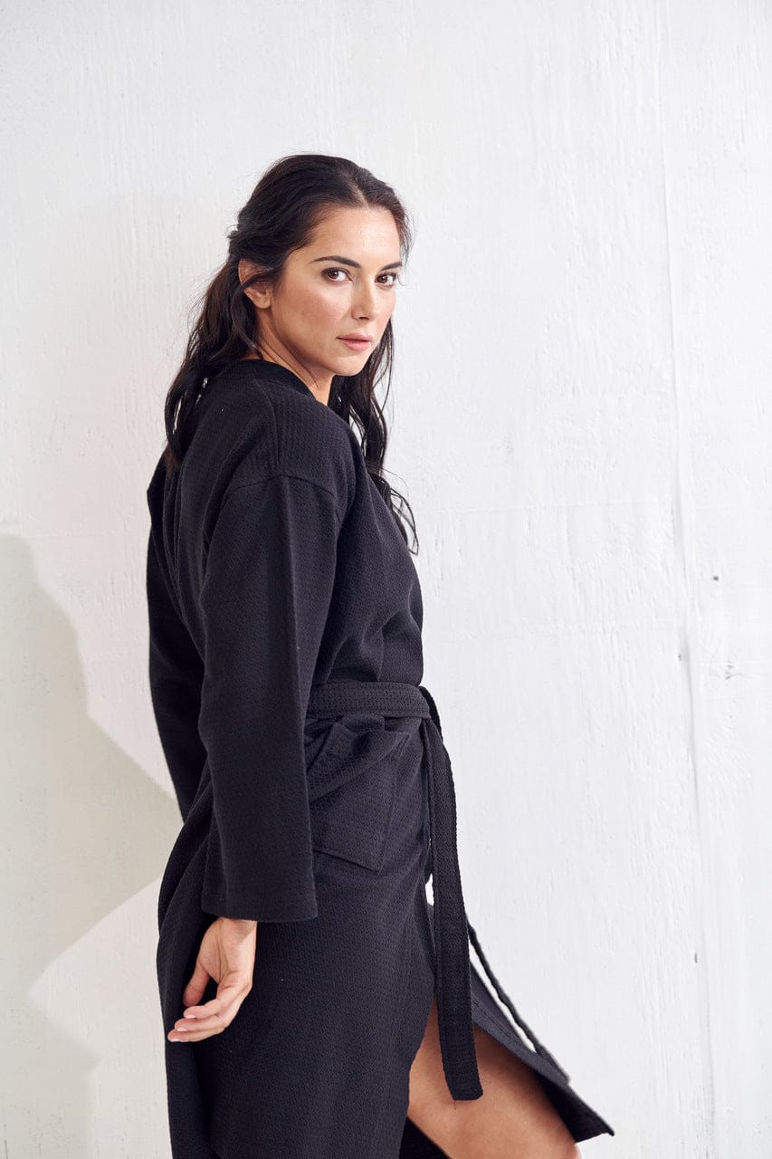 Women's Long Cotton Waffle Bathrobe, Kimono Style, Comfortable & Absorbent (Black)