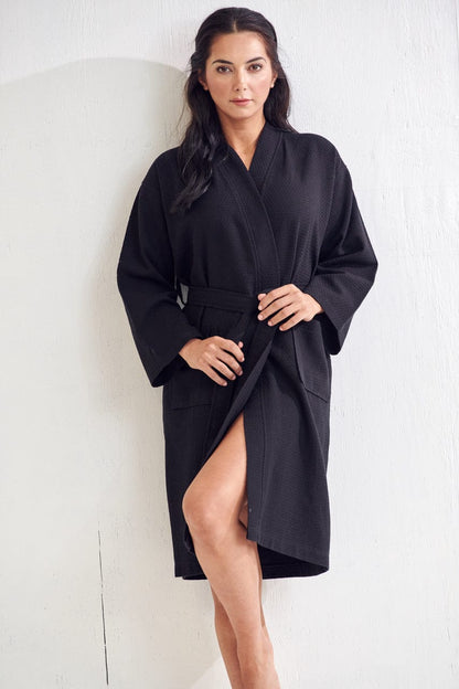 Women's Long Cotton Waffle Bathrobe, Kimono Style, Comfortable & Absorbent (Black)