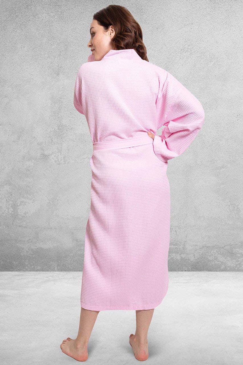 Premium Women's Long Waffle Bathrobe, Kimono Style, Luxury Cotton Robe Poly blend (Pink)