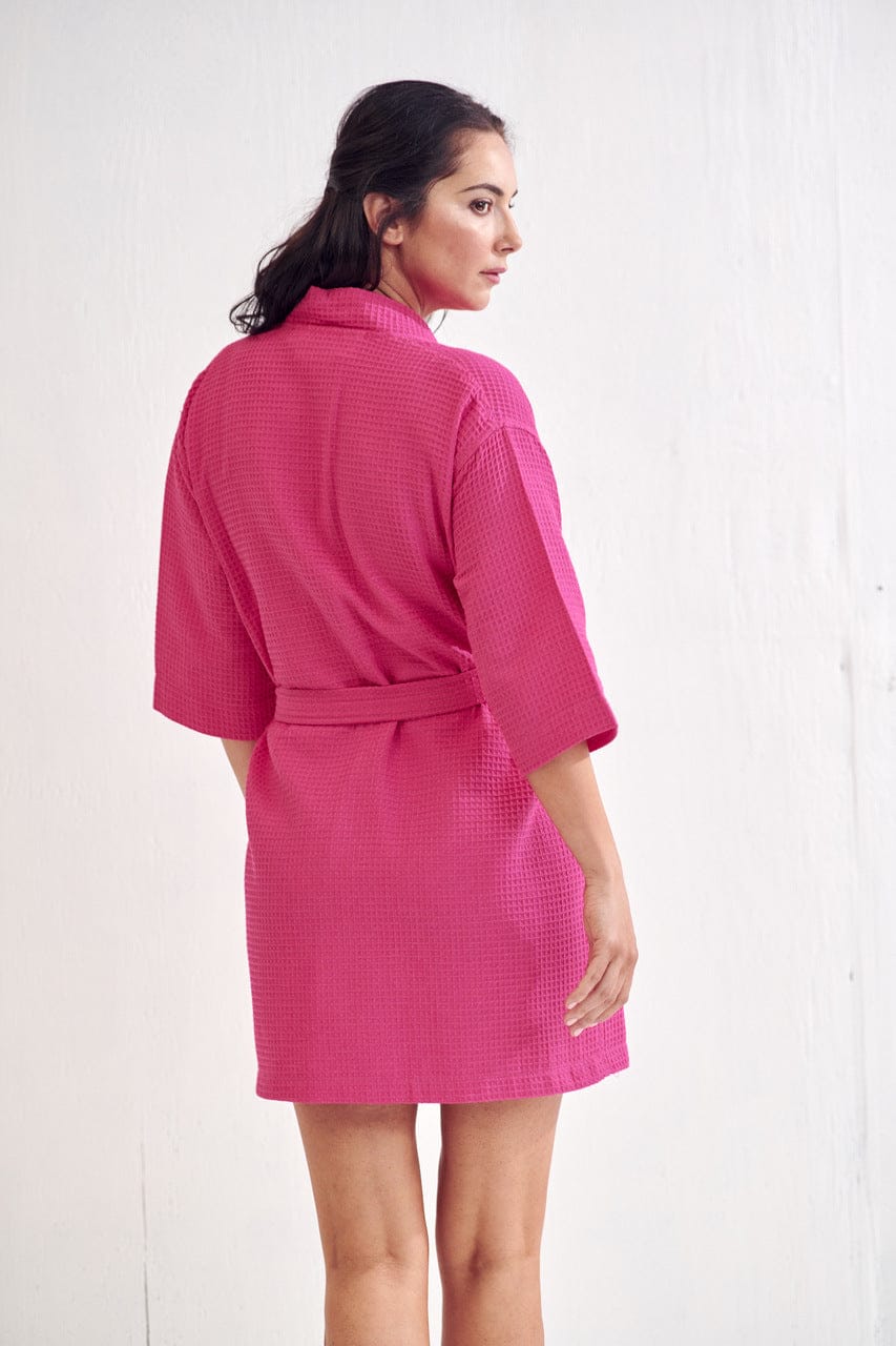 Women's Waffle Kimono Short Bathrobe- Luxurious Cotton, Absorbency & Lightweight (Fuchsia)