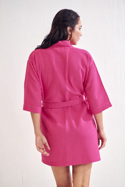 Women's Waffle Kimono Short Bathrobe- Luxurious Cotton, Absorbency & Lightweight (Fuchsia)