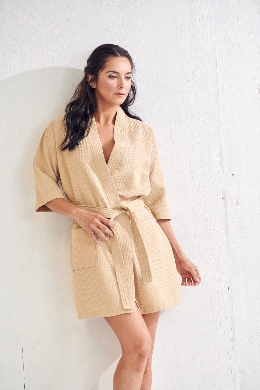 Women's Waffle Kimono Short Bathrobe- Luxurious Cotton, Absorbency & Lightweight  (Taupe)